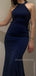 Navy Blue Sheath Mermaid Appliques Halter Long Evening Prom Dresses, MR9289