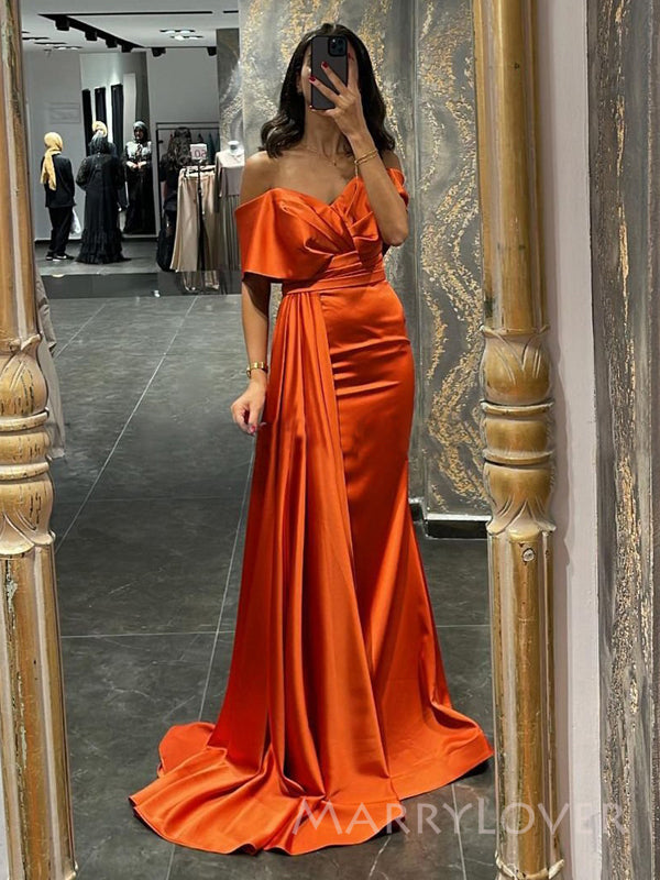 Off Shoulder Orange Satin Mermaid Long Evening Prom Dresses, Custom Prom Dress, MR8813 Off Shoulder Orange Satin Mermaid Long Evening Prom Dresses, Custom Prom Dress, MR8813