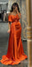 Off Shoulder Orange Satin Mermaid Long Evening Prom Dresses, Custom Prom Dress, MR8813