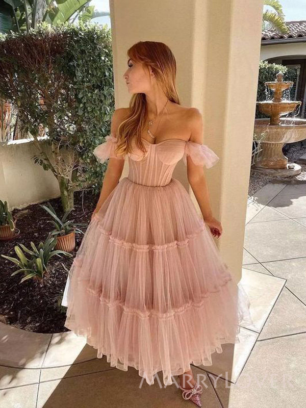 Off Shoulder Pink Tulle A-line Long Evening Prom Dresses, Custom Prom MarryLover Off Shoulder Pink Tulle A-line Long Evening Prom Dresses, Custom Prom MarryLover