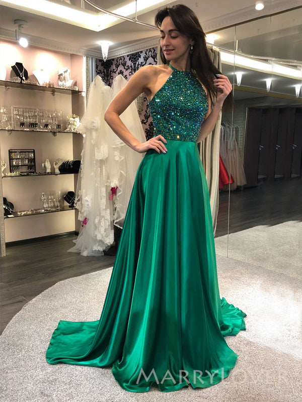 Halter A-line Emerald Satin Beaded Long Evening Prom Dresses, Custom S MarryLover Halter A-line Emerald Satin Beaded Long Evening Prom Dresses, Custom S MarryLover