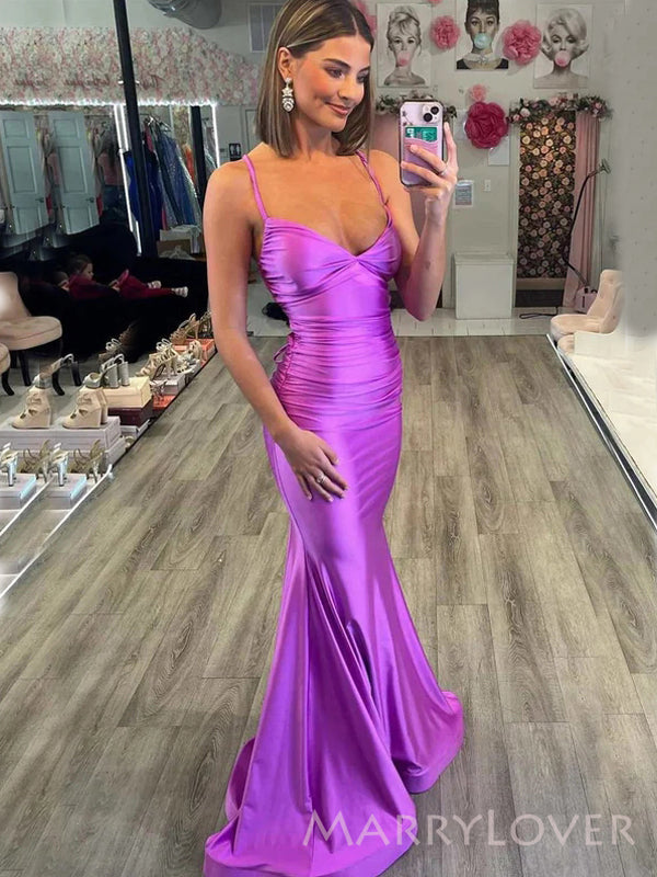 Sexy Spaghetti Straps Purple Satin Mermaid Long Evening Prom
