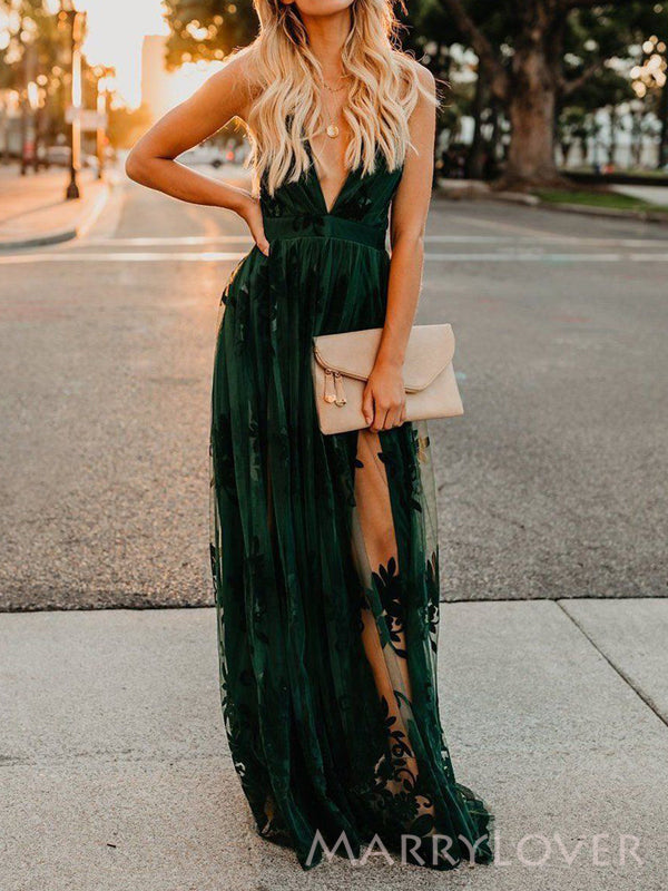 Dark Green Tulle A-line Long Evening Prom Dresses, Cheap V-neck Prom Dress, MR8860 Dark Green Tulle A-line Long Evening Prom Dresses, Cheap V-neck Prom Dress, MR8860