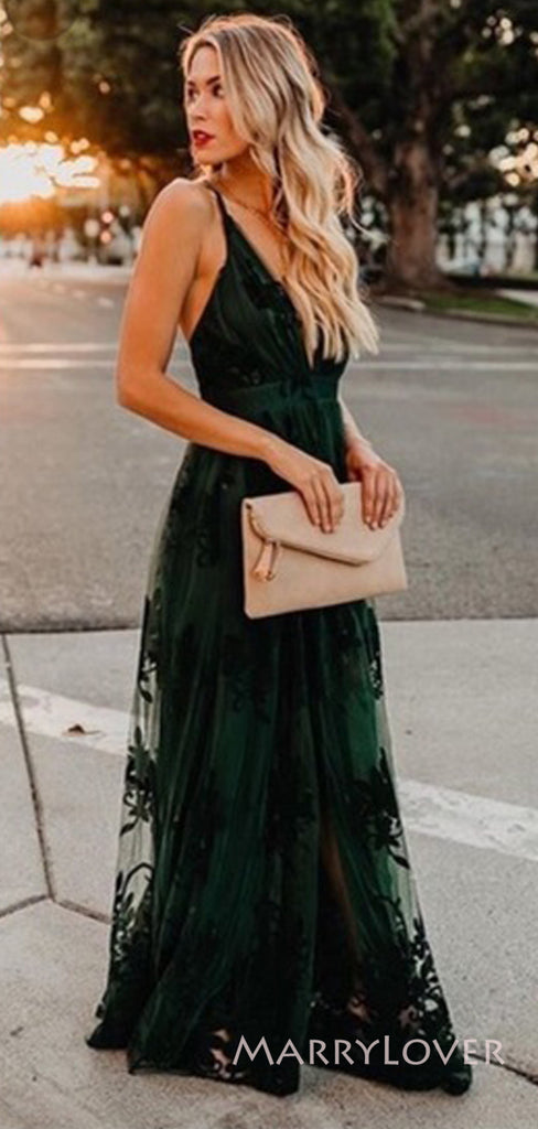 Dark Green Tulle A-line Long Evening Prom Dresses, Cheap V-neck Prom Dress, MR8860