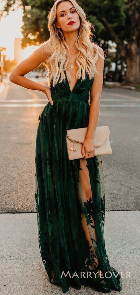 Dark Green Tulle A-line Long Evening Prom Dresses, Cheap V-neck Prom Dress, MR8860