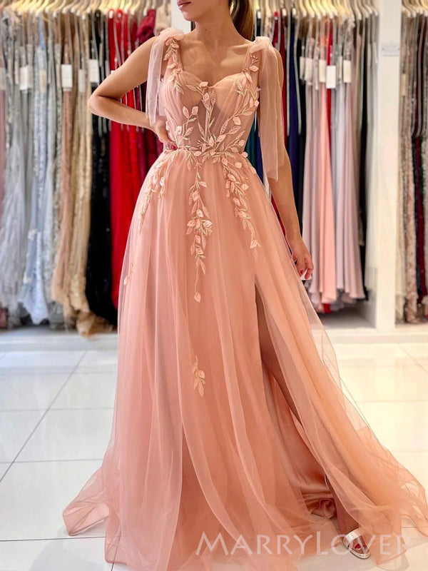 A-line Peach Tulle Appliques Long Evening Prom Dresses, Cheap Side Slit Prom Dress, MR8861