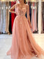 A-line Peach Tulle Appliques Long Evening Prom Dresses, Cheap Side Slit Prom Dress, MR8861