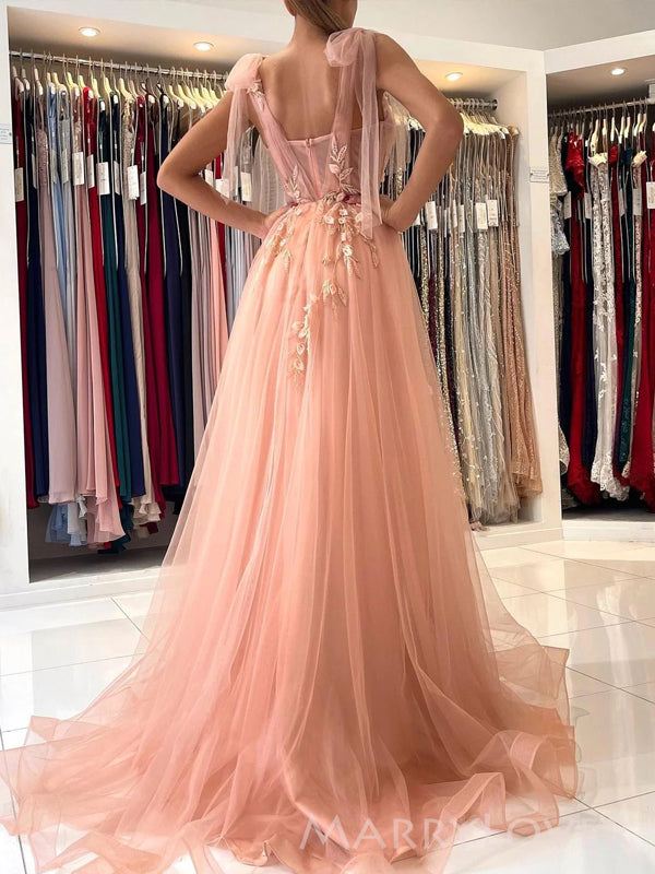 A-line Peach Tulle Appliques Long Evening Prom Dresses, Cheap Side Slit Prom Dress, MR8861