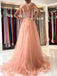A-line Peach Tulle Appliques Long Evening Prom Dresses, Cheap Side Slit Prom Dress, MR8861