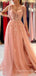 A-line Peach Tulle Appliques Long Evening Prom Dresses, Cheap Side Slit Prom Dress, MR8861