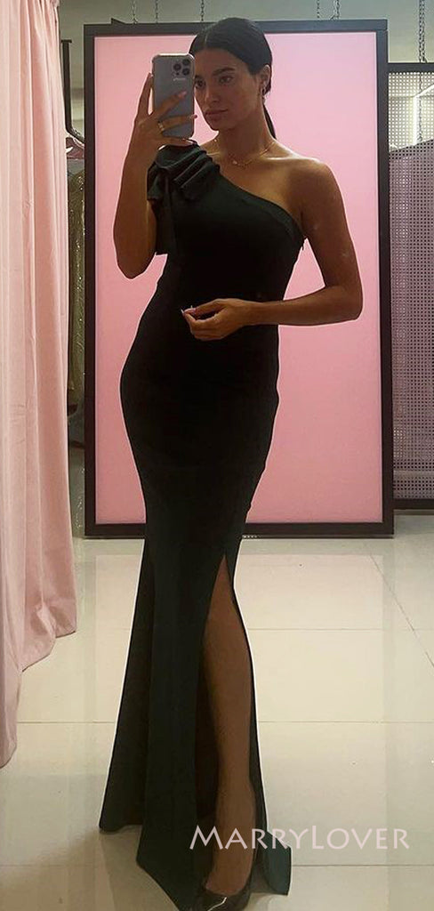 One Shoulder Dark Green Mermaid Long Evening Prom Dresses, Side Slit Custom Prom Dress, MR8866