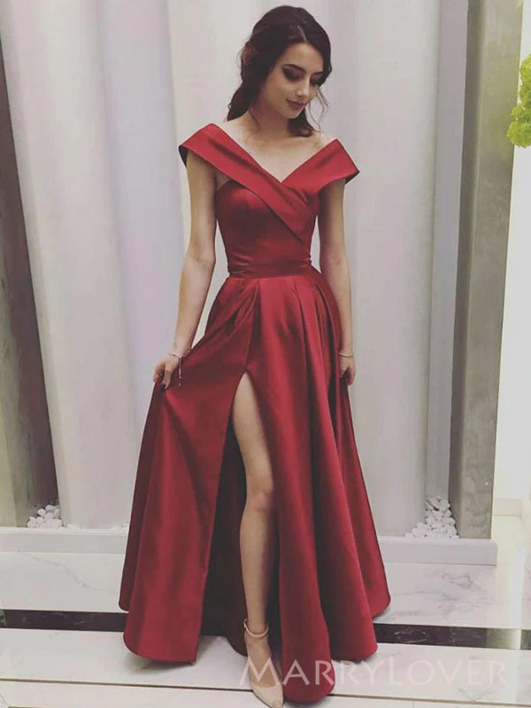 dark red off the shoulder prom dress Dark Red Off The Shoulder Long Sleeves High Side Slit Prom Dresses , CP0032 US6 / As Pic
