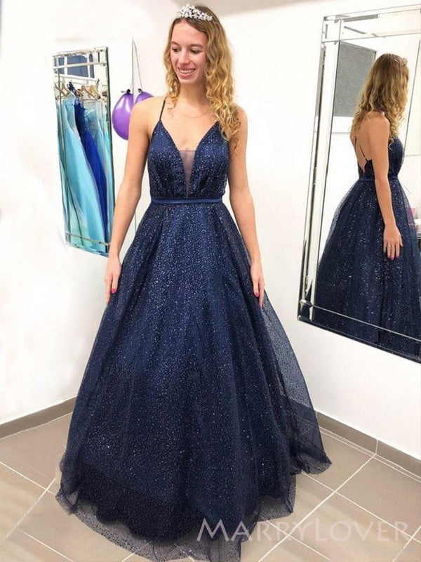 Navy Blue Tulle Sparkly V-neck Long Evening Prom Dresses, A-line Prom MarryLover Navy Blue Tulle Sparkly V-neck Long Evening Prom Dresses, A-line Prom MarryLover