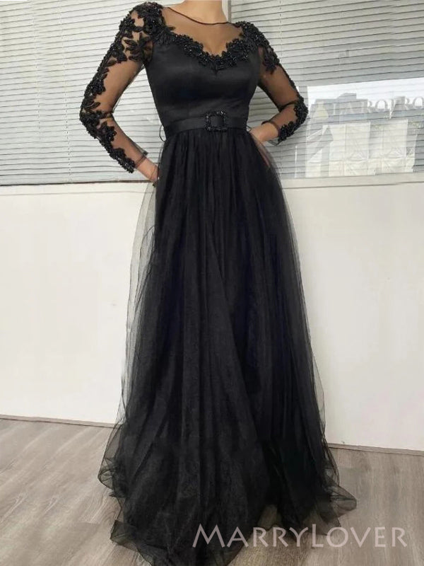 Black Tulle A-line Long Evening Prom Dresses, Long Sleeves Prom Dress, MarryLover Black Tulle A-line Long Evening Prom Dresses, Long Sleeves Prom Dress, MarryLover