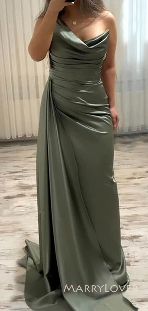 One Shoulder Dusty Sage Satin Mermaid Long Evening Prom Dresses, MR8898