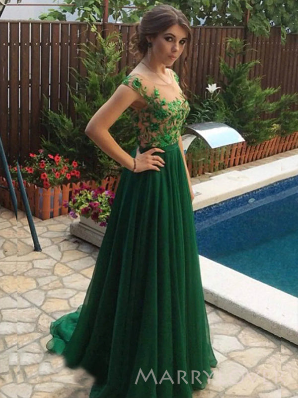 Emerald Green Tulle Appliques A-line Long Evening Prom Dresses, Cheap MarryLover Emerald Green Tulle Appliques A-line Long Evening Prom Dresses, Cheap MarryLover