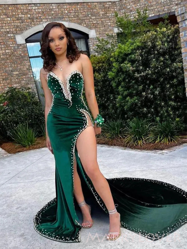 Gorgeous Green Velvet Beaded High Slit Long Evening Prom Dresses, Mermaid Strapless Prom Dress, MR8920 Gorgeous Green Velvet Beaded High Slit Long Evening Prom Dresses, Mermaid Strapless Prom Dress, MR8920