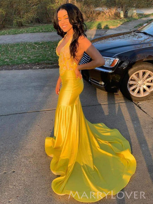 Mermaid Gold Satin V-neck Long Evening Prom Dresses, Halter Custom Pro MarryLover Mermaid Gold Satin V-neck Long Evening Prom Dresses, Halter Custom Pro MarryLover