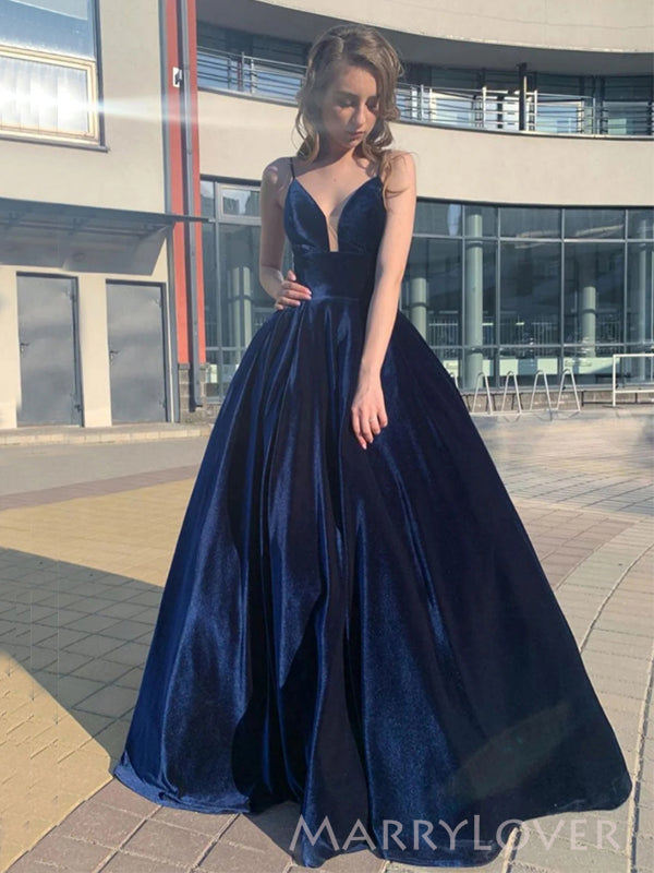 A-line Navy Blue Velvet Long Evening Prom Dresses, Spaghetti Straps V- MarryLover A-line Navy Blue Velvet Long Evening Prom Dresses, Spaghetti Straps V- MarryLover