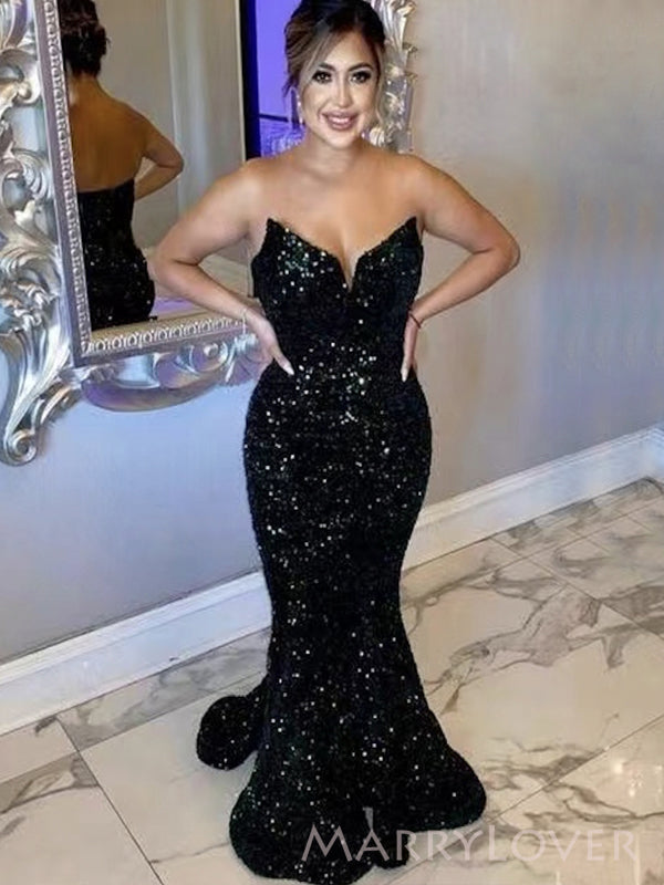 Mermaid Black Sequins Long Evening Prom Dresses, Strapless Prom Dress, MarryLover Mermaid Black Sequins Long Evening Prom Dresses, Strapless Prom Dress, MarryLover