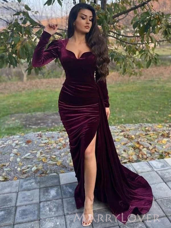 Mermaid Velvet Long Sleeves Long Evening Prom Dresses, Side Slit Prom Dress, MR8957