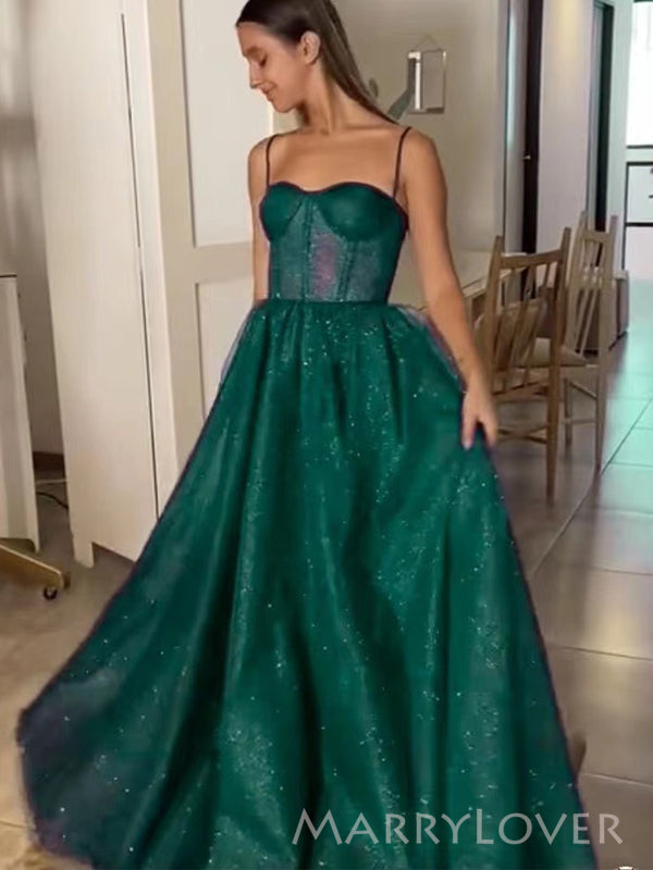 A-line Green Tulle Spaghetti Straps Long Evening Prom Dresses, Sparkly MarryLover A-line Green Tulle Spaghetti Straps Long Evening Prom Dresses, Sparkly MarryLover