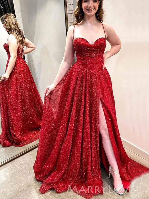 Sweetheart Red Sparkly Spaghetti Straps Long Evening Prom Dresses, A-l MarryLover Sweetheart Red Sparkly Spaghetti Straps Long Evening Prom Dresses, A-l MarryLover