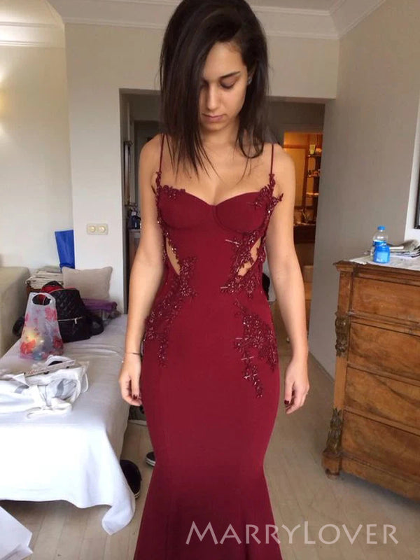 Mermaid Burgundy Spaghetti Straps Beaded Long Evening Prom Dresses, Sw MarryLover Mermaid Burgundy Spaghetti Straps Beaded Long Evening Prom Dresses, Sw MarryLover