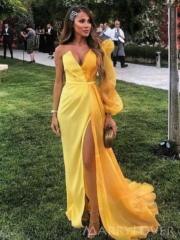 One Shoulder Yellow Long Sleeves Long Evening Prom Dresses, V-neck Pro MarryLover One Shoulder Yellow Long Sleeves Long Evening Prom Dresses, V-neck Pro MarryLover