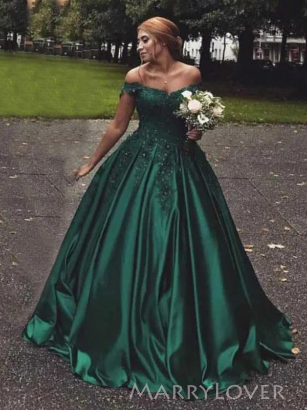 A-line Green Satin Appliques Long Evening Prom Dresses, Off Shoulder P MarryLover A-line Green Satin Appliques Long Evening Prom Dresses, Off Shoulder P MarryLover
