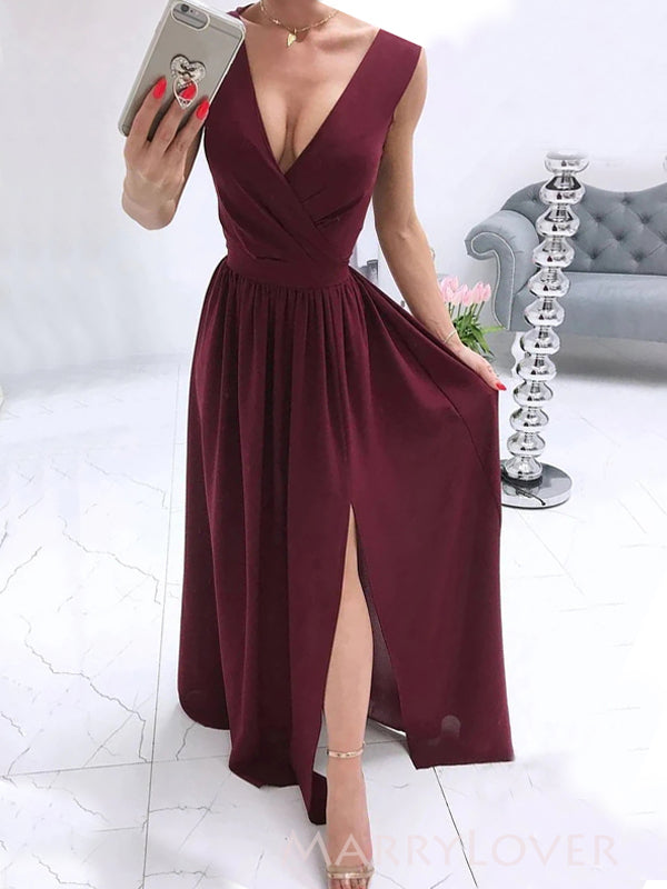 A-line Burgundy Side Slit Long Evening Prom Dresses, Deep V-neck Prom MarryLover A-line Burgundy Side Slit Long Evening Prom Dresses, Deep V-neck Prom MarryLover