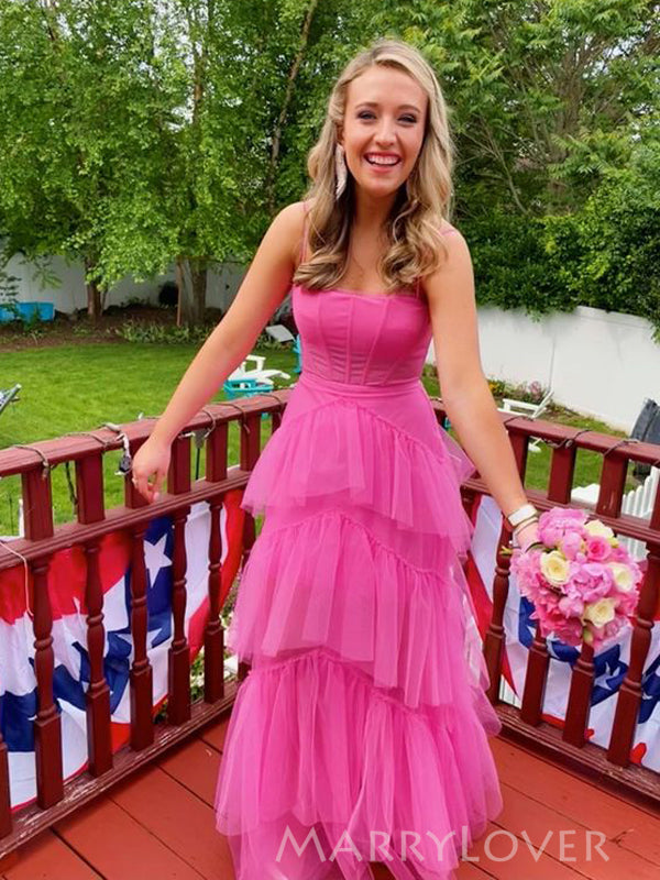 A-line Hot Pink Tulle Long Evening Prom Dresses, Spaghetti Straps Prom MarryLover A-line Hot Pink Tulle Long Evening Prom Dresses, Spaghetti Straps Prom MarryLover