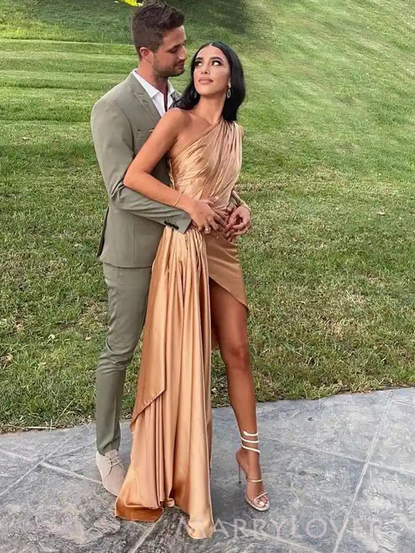 One Shoulder Satin Side Slit Long Evening Prom Dresses, MR9000 One Shoulder Satin Side Slit Long Evening Prom Dresses, MR9000