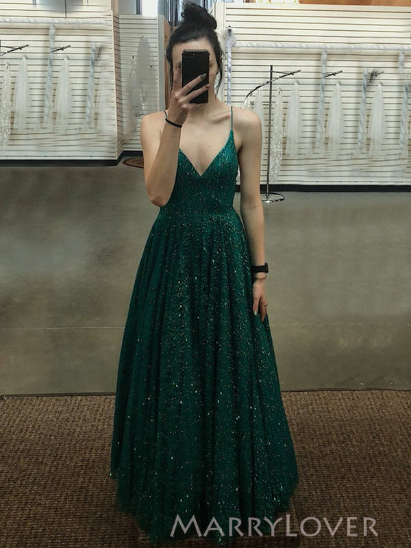 Spaghetti Straps Sparkly A-line Long Evening Prom Dresses, V-neck Gree MarryLover Spaghetti Straps Sparkly A-line Long Evening Prom Dresses, V-neck Gree MarryLover