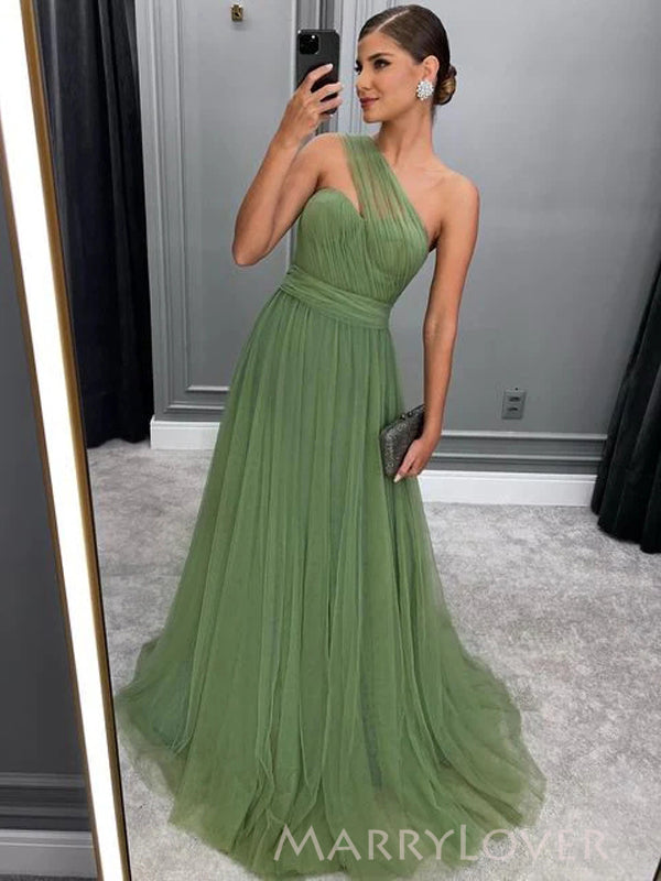 A-line Green Tulle Long Evening Prom Dresses, One Shoulder Prom Dress, MarryLover A-line Green Tulle Long Evening Prom Dresses, One Shoulder Prom Dress, MarryLover