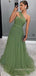A-line Green Tulle Long Evening Prom Dresses, One Shoulder Prom Dress, MR9015