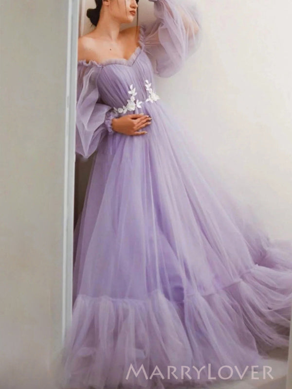 Lilac Tulle A-line Off Shoulder Long Evening Prom Dresses, Long Sleeve MarryLover Lilac Tulle A-line Off Shoulder Long Evening Prom Dresses, Long Sleeve MarryLover