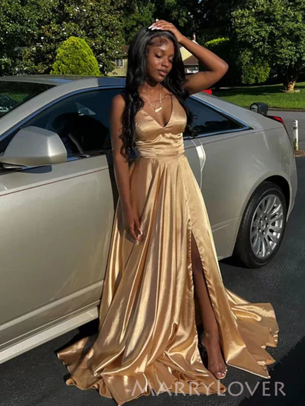 A-line Satin Spaghetti Straps Long Evening Prom Dresses, V-neck Prom D MarryLover A-line Satin Spaghetti Straps Long Evening Prom Dresses, V-neck Prom D MarryLover