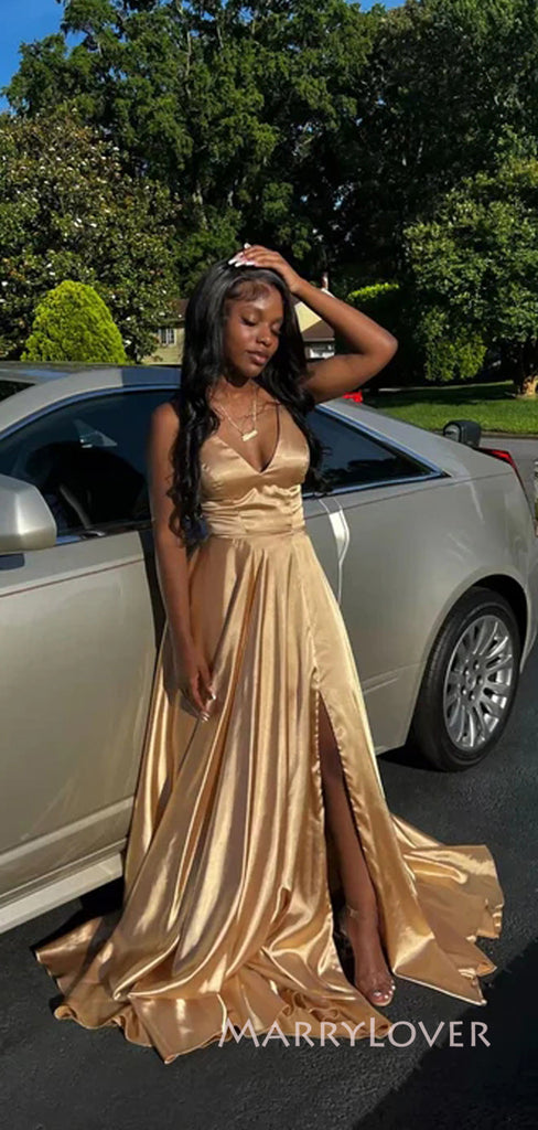 A-line Satin Spaghetti Straps Long Evening Prom Dresses, V-neck Prom Dress, MR9022