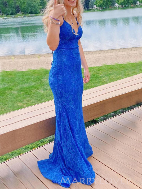 Mermaid Blue Lace Spaghetti Straps Long Evening Prom Dresses, V-neck P MarryLover Mermaid Blue Lace Spaghetti Straps Long Evening Prom Dresses, V-neck P MarryLover