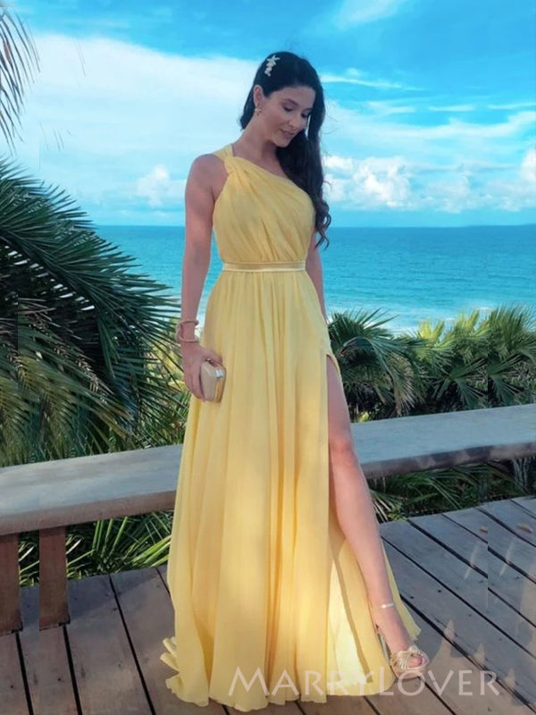Yellow Chiffon A-line Side Slit Long Evening Prom Dresses, One Shoulde MarryLover Yellow Chiffon A-line Side Slit Long Evening Prom Dresses, One Shoulde MarryLover