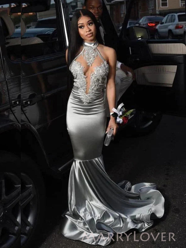 Mermaid Silver Grey Satin Appliques Long Evening Prom Dresses, Halter MarryLover Mermaid Silver Grey Satin Appliques Long Evening Prom Dresses, Halter MarryLover