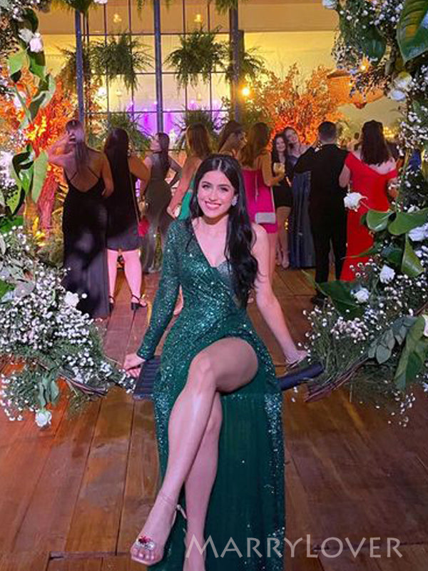 Dark Green Sequins High Slit Long Evening Prom Dresses, Long Sleeves S MarryLover Dark Green Sequins High Slit Long Evening Prom Dresses, Long Sleeves S MarryLover