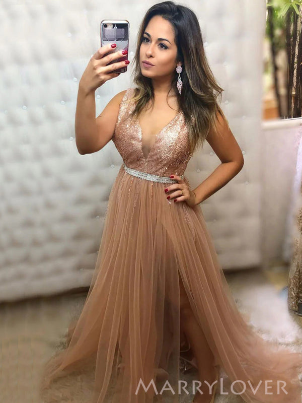 Sparkly Rose Gold Tulle Sequins A-line Long Evening Prom Dresses, V-neck Prom Dress, MR90778 Sparkly Rose Gold Tulle Sequins A-line Long Evening Prom Dresses, V-neck Prom Dress, MR90778