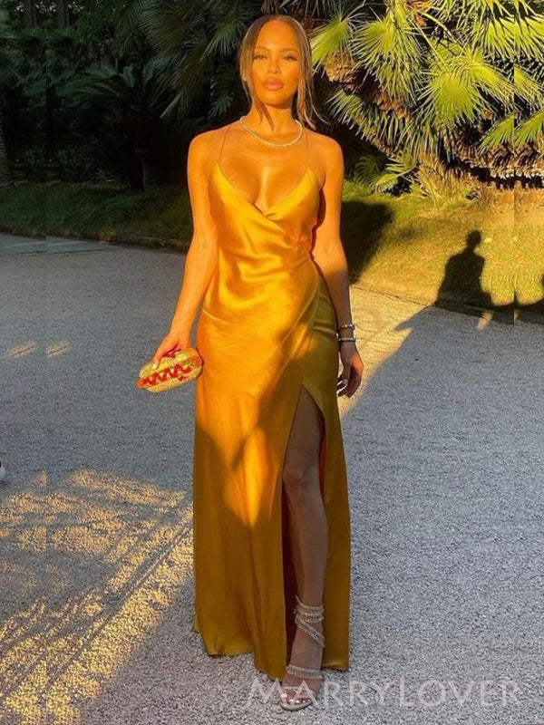 Simple Gold Satin Spaghetti Straps Long Evening Prom Dresses, High Sli MarryLover Simple Gold Satin Spaghetti Straps Long Evening Prom Dresses, High Sli MarryLover