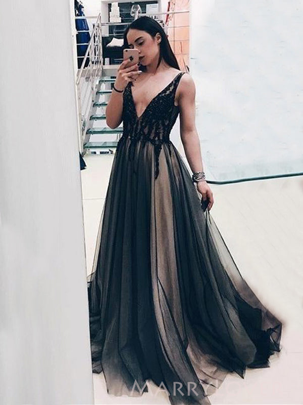 Deep V-neck Black Tulle Beaded A-line Long Evening Prom Dresses, MR911 MarryLover Deep V-neck Black Tulle Beaded A-line Long Evening Prom Dresses, MR911 MarryLover