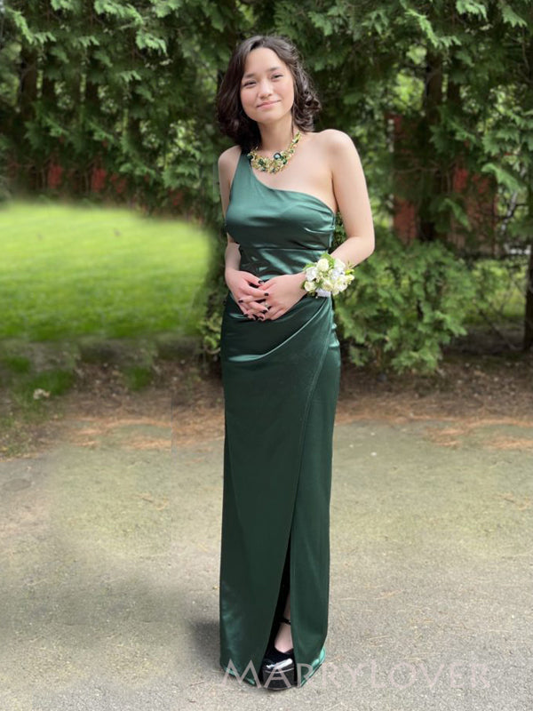 Green Satin Mermaid Side Slit Long Evening Prom Dresses, One Shoulder Prom Dress, MR9135 Green Satin Mermaid Side Slit Long Evening Prom Dresses, One Shoulder Prom Dress, MR9135