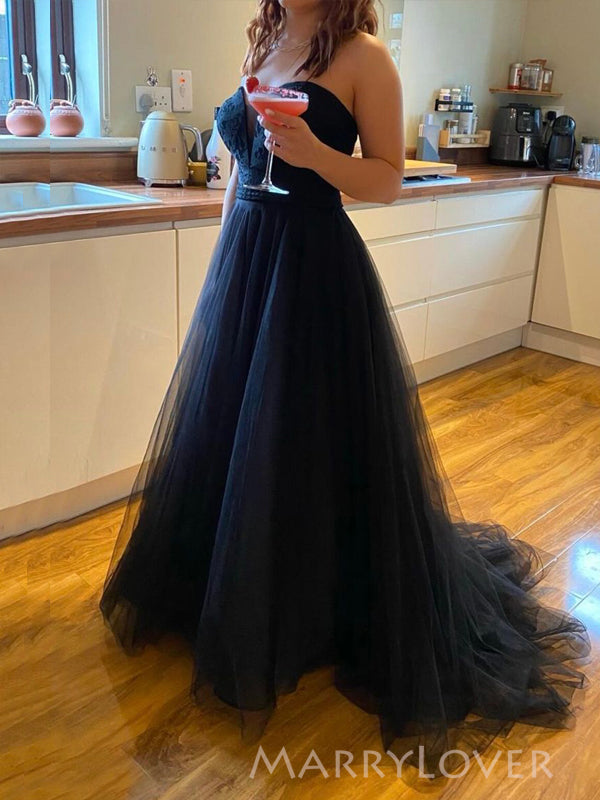 Sweetheart Black Tulle A-line Long Evening Prom Dresses, Gorgeous Custom Prom Dress, MR9140