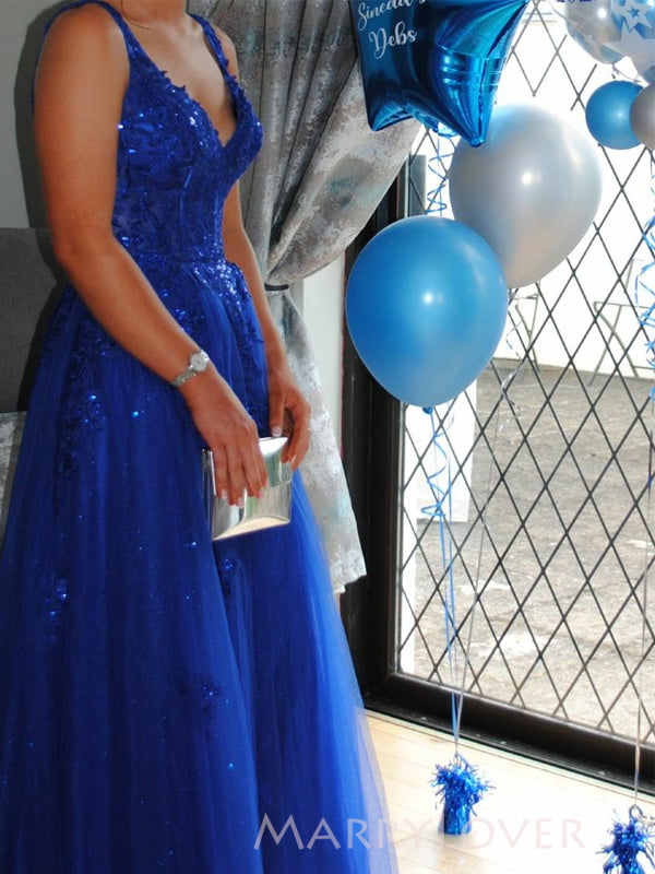 Royal Blue Tulle Appliques A-line V-neck Long Evening Prom Dresses, MR MarryLover Royal Blue Tulle Appliques A-line V-neck Long Evening Prom Dresses, MR MarryLover