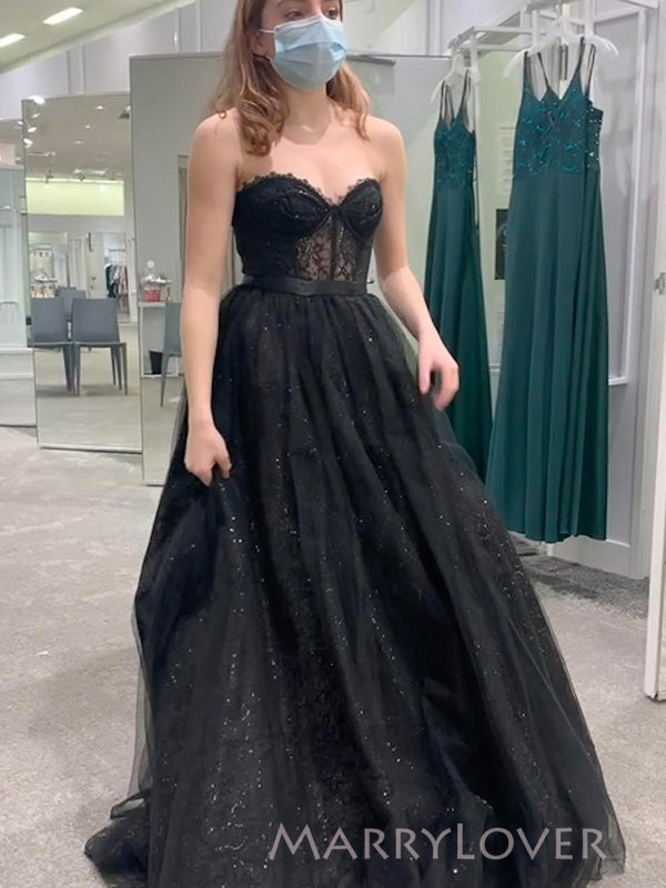 Popular Black Tulle Lace Sweetheart Long Evening Prom Dresses, A-line MarryLover Popular Black Tulle Lace Sweetheart Long Evening Prom Dresses, A-line MarryLover